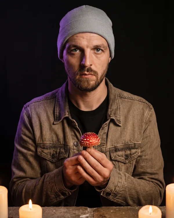 Code Chaos press photo: portrait by candlelight holding a fly agaric mushroom (created with AI)