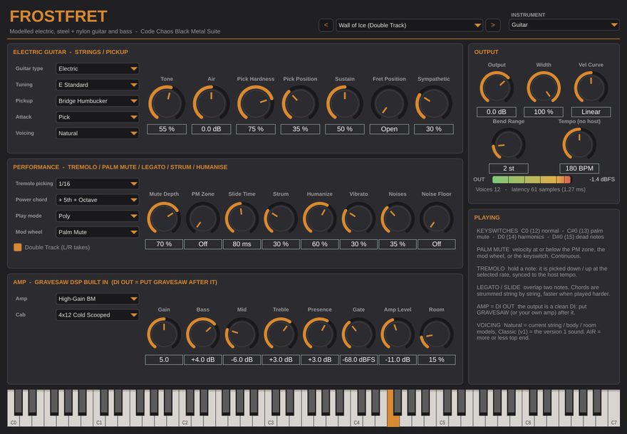 Oberfläche von Frostfret, dem physikalisch modellierten Gitarren-Instrument von Code Chaos Audio