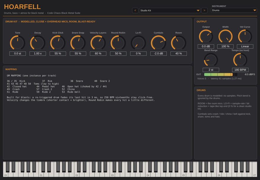 Oberfläche von Hoarfell, dem modellierten Drum-, Bass- und Atmosphären-Instrument von Code Chaos Audio