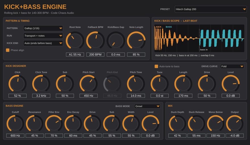 Oberfläche der Kick+Bass Engine: Pattern und Timing, Kick-Scope mit Kick und Bass übereinander, Kick Designer, Bass Engine und Mix
