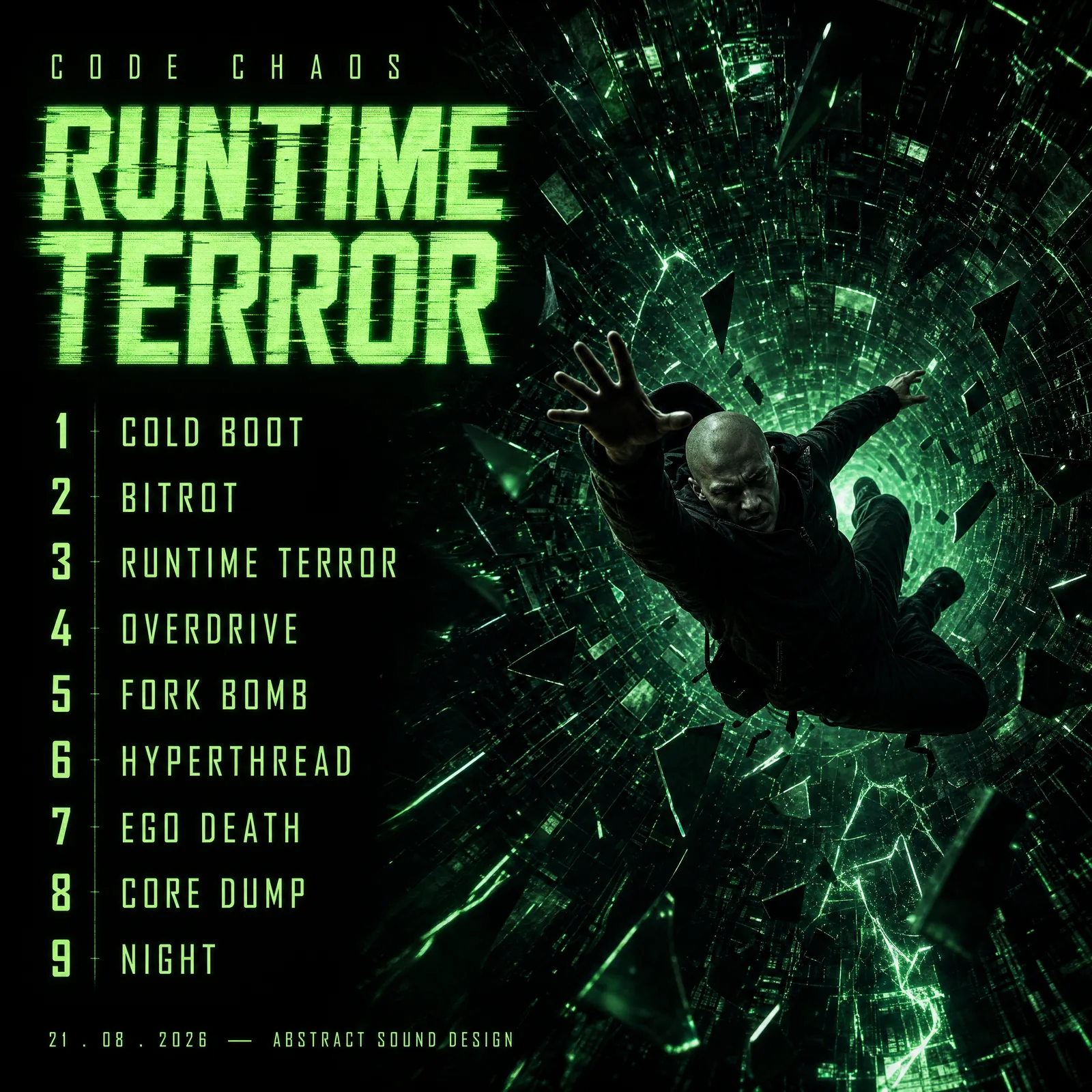 Runtime Terror tracklist — Cold Boot, Bitrot, Runtime Terror, Overdrive, Fork Bomb, Hyperthread, Ego Death, Core Dump, Night