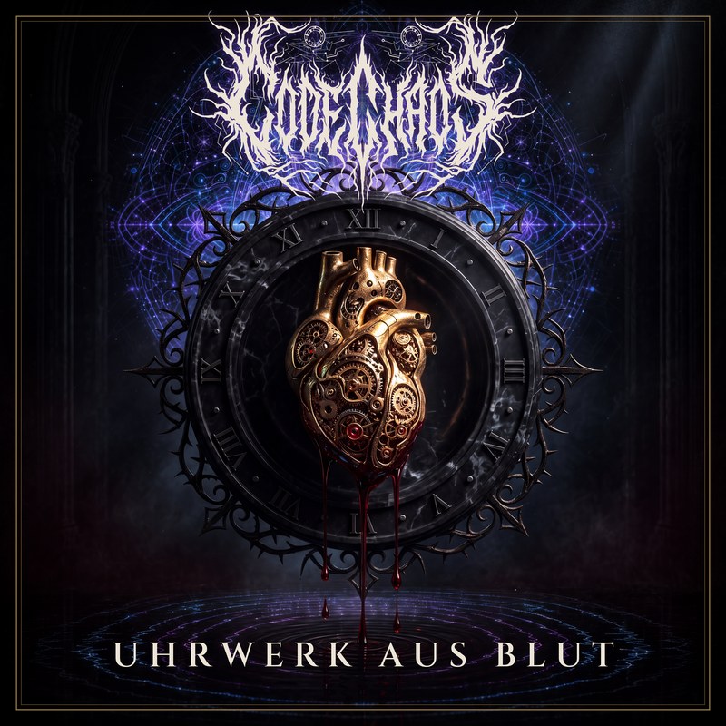 Single-Cover „Uhrwerk aus Blut“ von Code Chaos: ein goldenes, mechanisches Herz in einem Ziffernblatt, aus dem Blut tropft