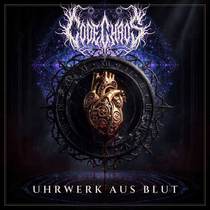 Cover of the single Uhrwerk aus Blut by Code Chaos: a golden mechanical heart inside a clock face, dripping blood